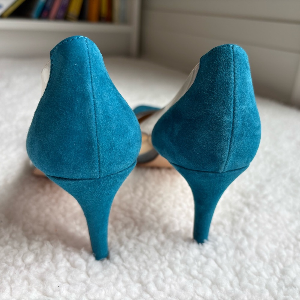 Gianvito Rossi Designer Teal Blue Suede Plexi Heels (37) - Picture 4 of 5
